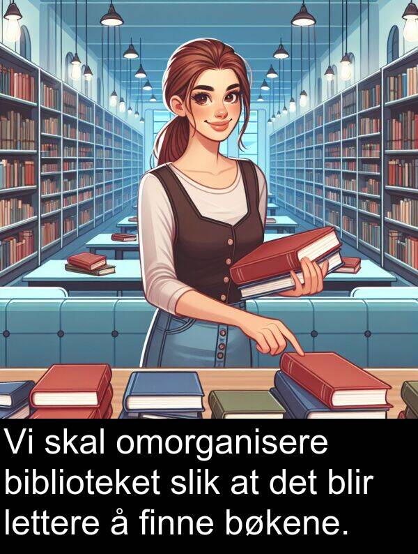 omorganisere: Vi skal omorganisere biblioteket slik at det blir lettere å finne bøkene.