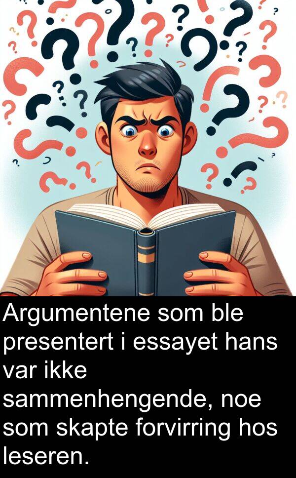 forvirring: Argumentene som ble presentert i essayet hans var ikke sammenhengende, noe som skapte forvirring hos leseren.