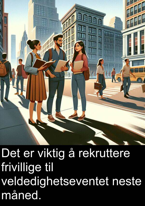 måned: Det er viktig å rekruttere frivillige til veldedighetseventet neste måned.