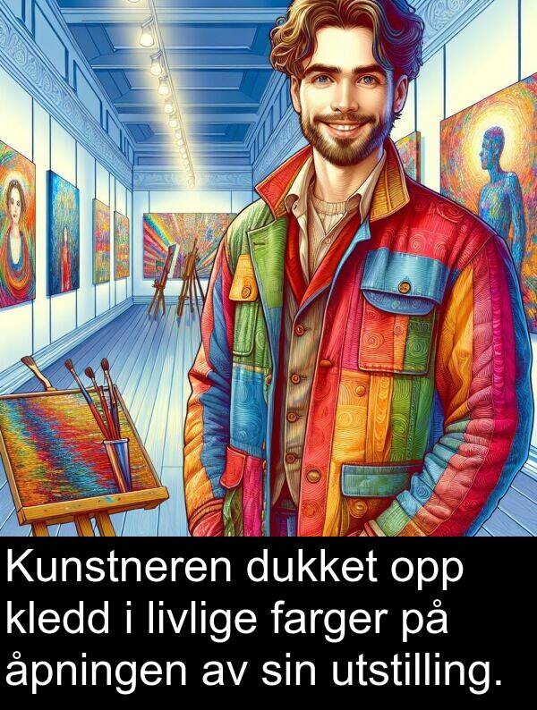 kledd: Kunstneren dukket opp kledd i livlige farger på åpningen av sin utstilling.