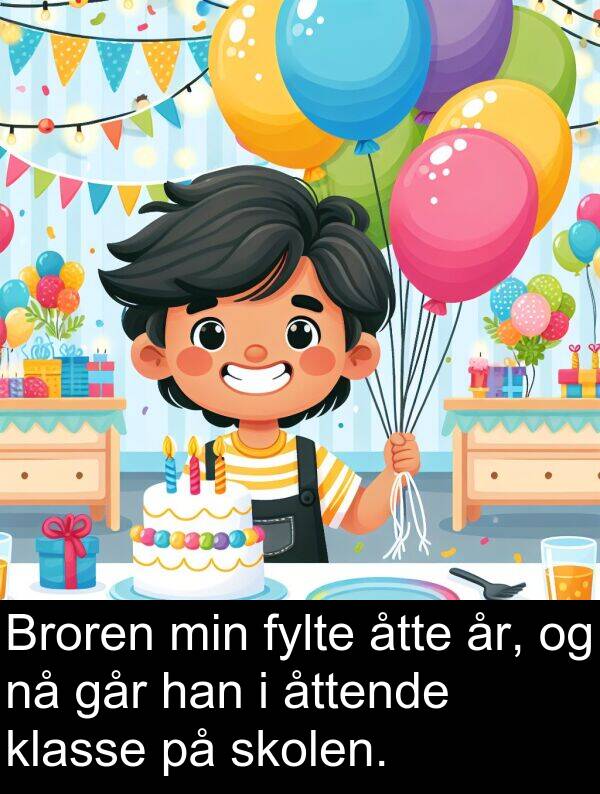 skolen: Broren min fylte åtte år, og nå går han i åttende klasse på skolen.