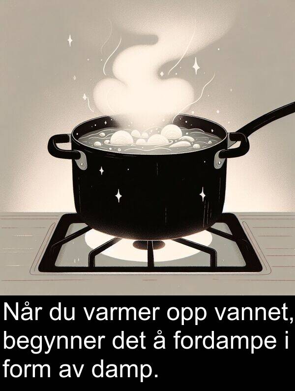 form: Når du varmer opp vannet, begynner det å fordampe i form av damp.