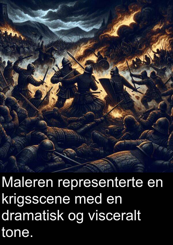 representerte: Maleren representerte en krigsscene med en dramatisk og visceralt tone.