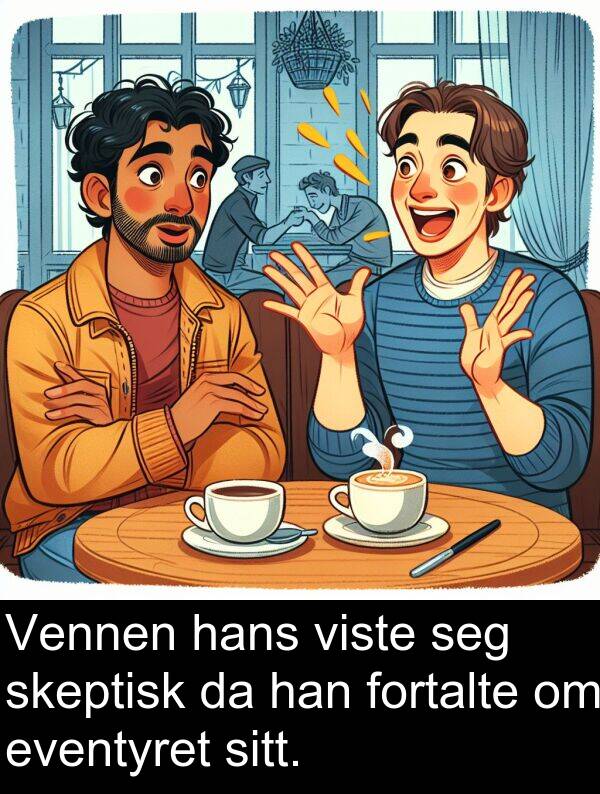skeptisk: Vennen hans viste seg skeptisk da han fortalte om eventyret sitt.