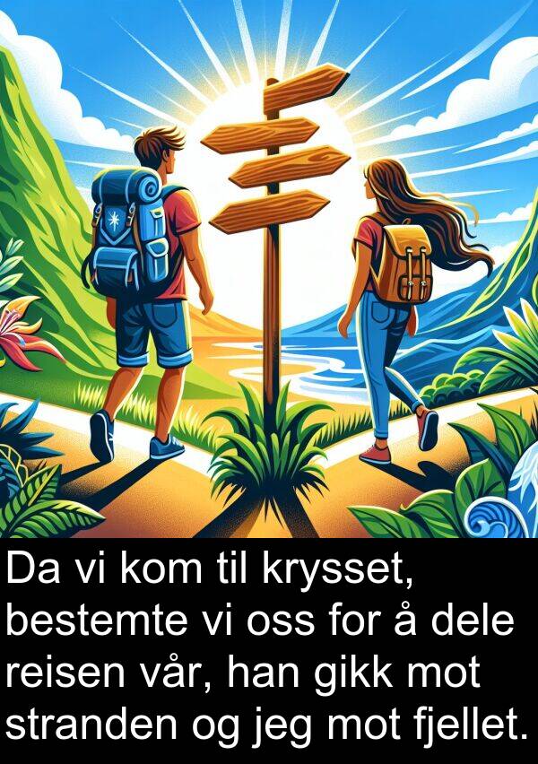 reisen: Da vi kom til krysset, bestemte vi oss for å dele reisen vår, han gikk mot stranden og jeg mot fjellet.