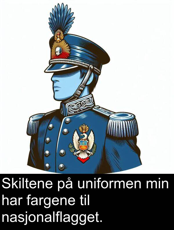 fargene: Skiltene på uniformen min har fargene til nasjonalflagget.