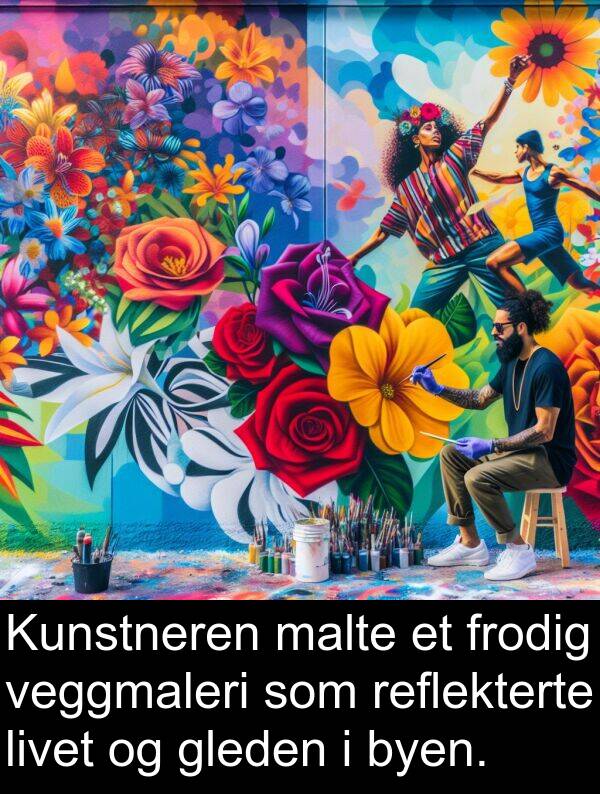 veggmaleri: Kunstneren malte et frodig veggmaleri som reflekterte livet og gleden i byen.