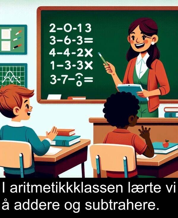 addere: I aritmetikkklassen lærte vi å addere og subtrahere.