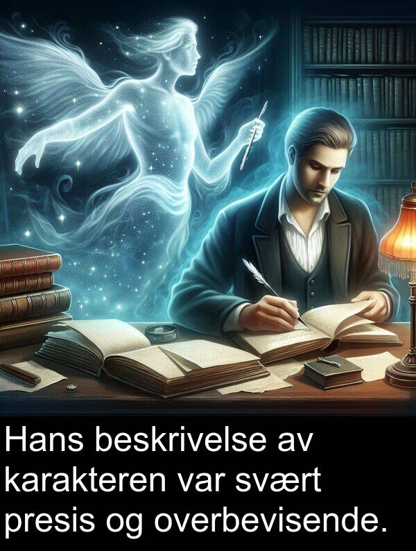 beskrivelse: Hans beskrivelse av karakteren var svært presis og overbevisende.