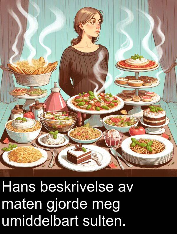 beskrivelse: Hans beskrivelse av maten gjorde meg umiddelbart sulten.