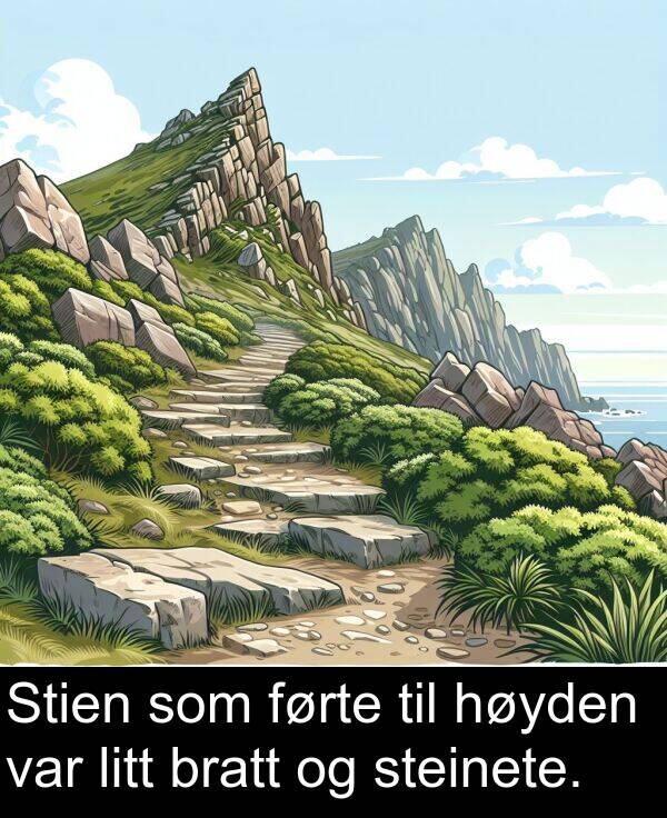 steinete: Stien som førte til høyden var litt bratt og steinete.