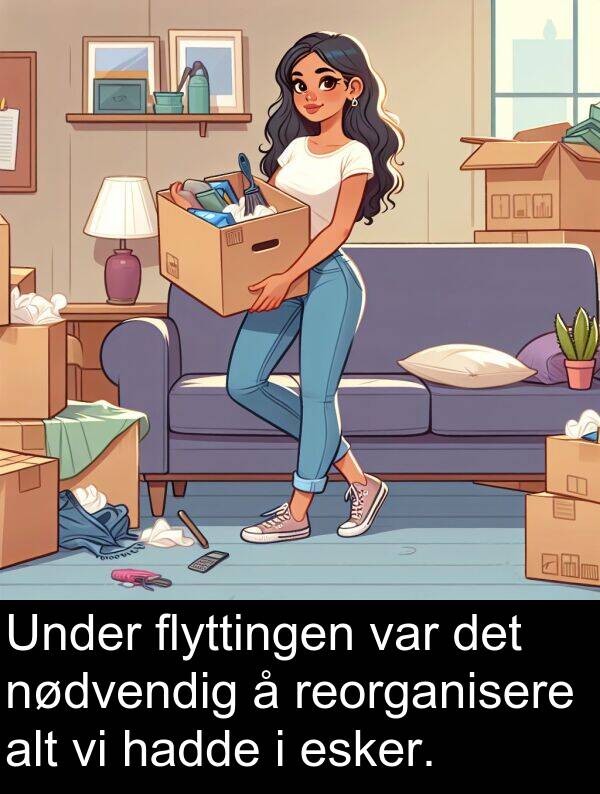reorganisere: Under flyttingen var det nødvendig å reorganisere alt vi hadde i esker.
