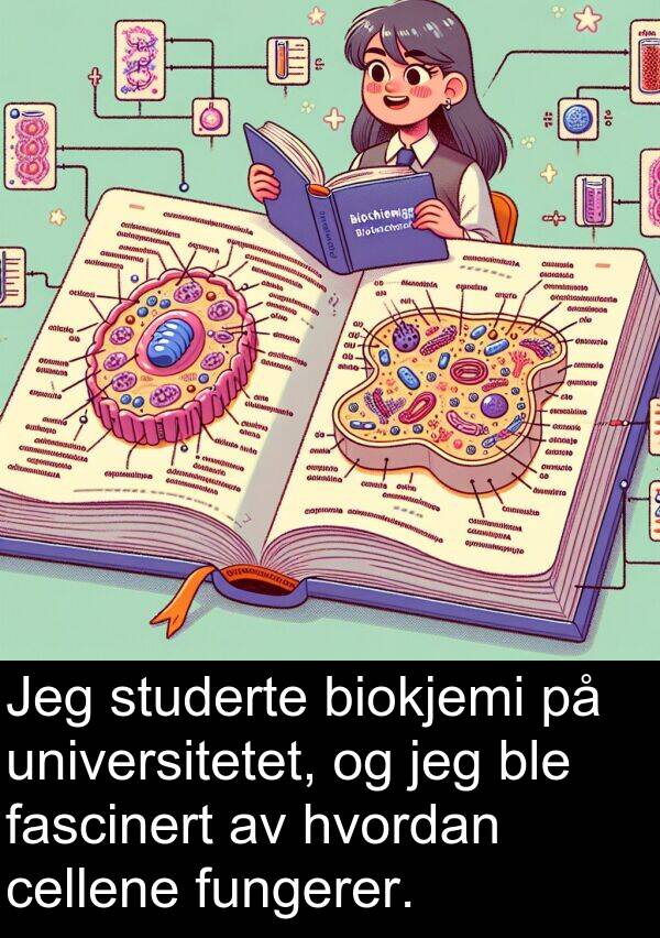 studerte: Jeg studerte biokjemi på universitetet, og jeg ble fascinert av hvordan cellene fungerer.