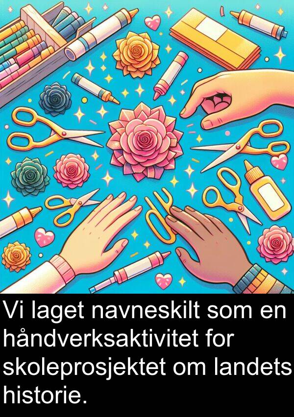 navneskilt: Vi laget navneskilt som en håndverksaktivitet for skoleprosjektet om landets historie.