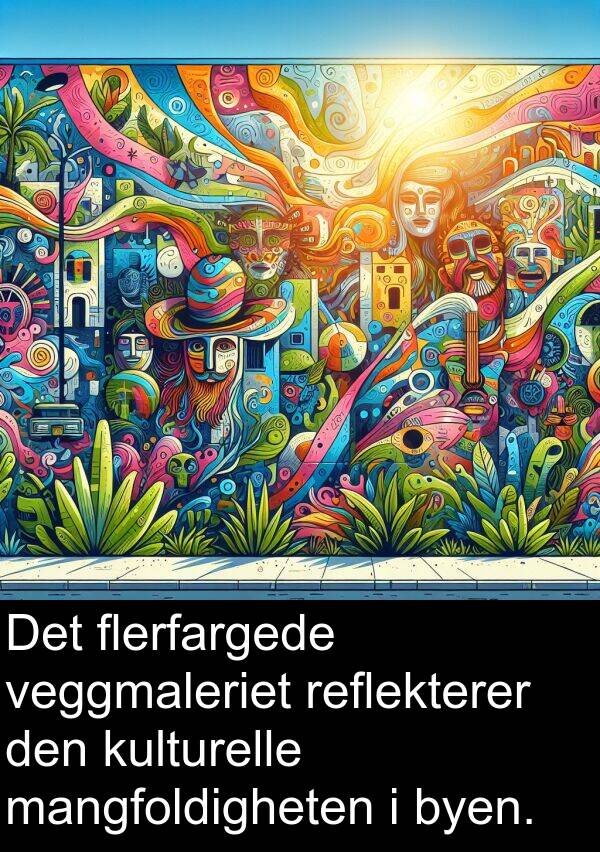 reflekterer: Det flerfargede veggmaleriet reflekterer den kulturelle mangfoldigheten i byen.