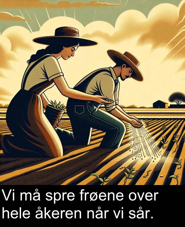 åkeren: Vi må spre frøene over hele åkeren når vi sår.