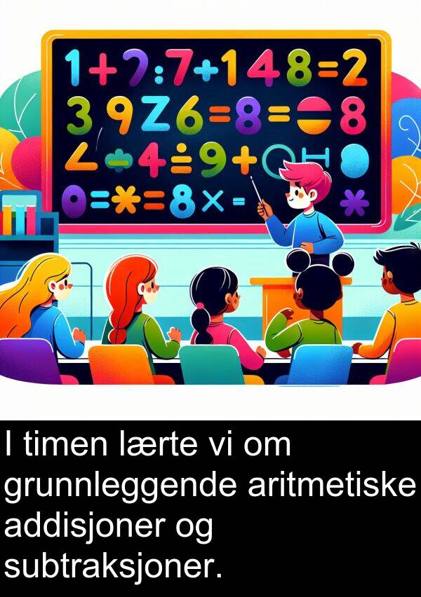 aritmetiske: I timen lærte vi om grunnleggende aritmetiske addisjoner og subtraksjoner.