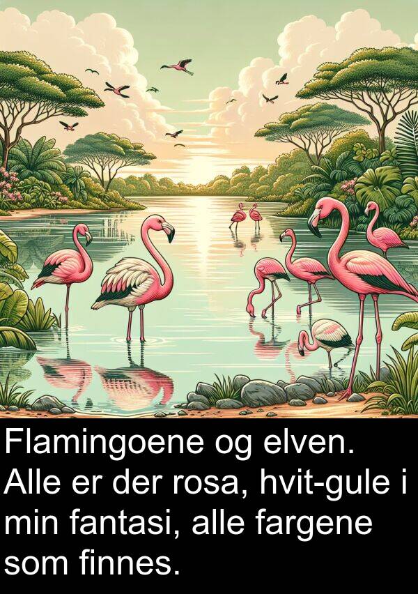 fantasi: Flamingoene og elven. Alle er der rosa, hvit-gule i min fantasi, alle fargene som finnes.