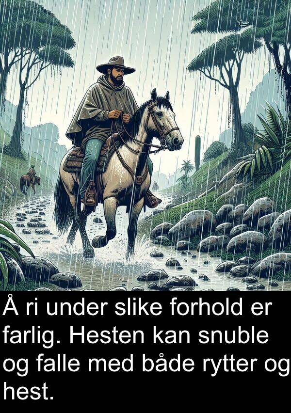 forhold: Å ri under slike forhold er farlig. Hesten kan snuble og falle med både rytter og hest.