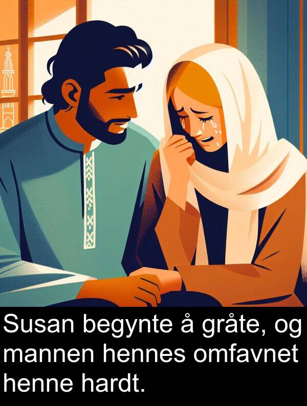 hardt: Susan begynte å gråte, og mannen hennes omfavnet henne hardt.