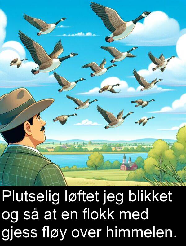 flokk: Plutselig løftet jeg blikket og så at en flokk med gjess fløy over himmelen.