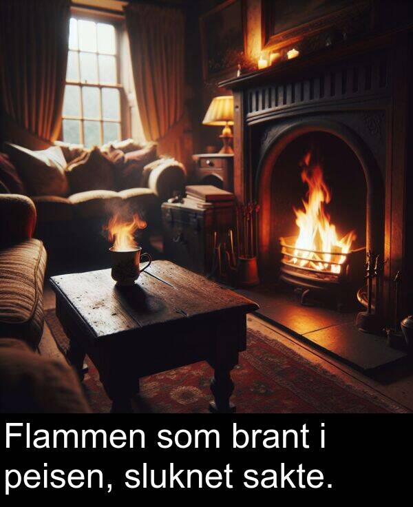sakte: Flammen som brant i peisen, sluknet sakte.