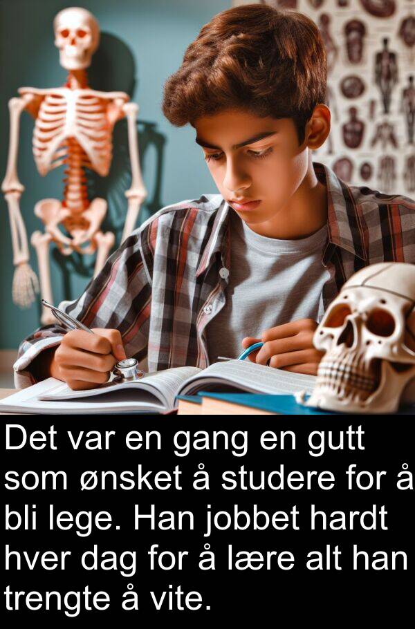 hardt: Det var en gang en gutt som ønsket å studere for å bli lege. Han jobbet hardt hver dag for å lære alt han trengte å vite.