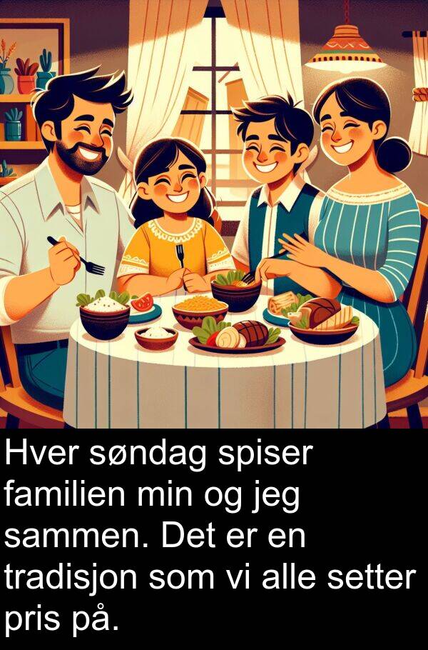 setter: Hver søndag spiser familien min og jeg sammen. Det er en tradisjon som vi alle setter pris på.