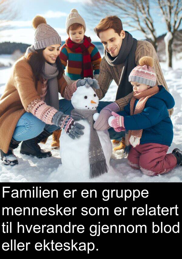hverandre: Familien er en gruppe mennesker som er relatert til hverandre gjennom blod eller ekteskap.