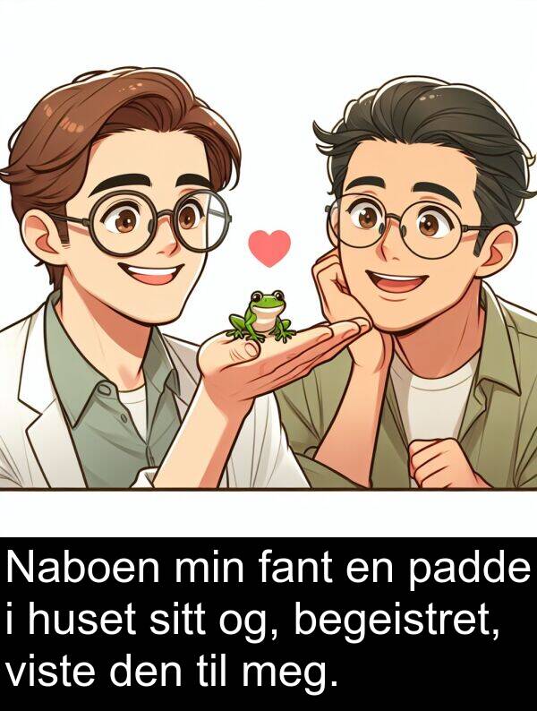 padde: Naboen min fant en padde i huset sitt og, begeistret, viste den til meg.