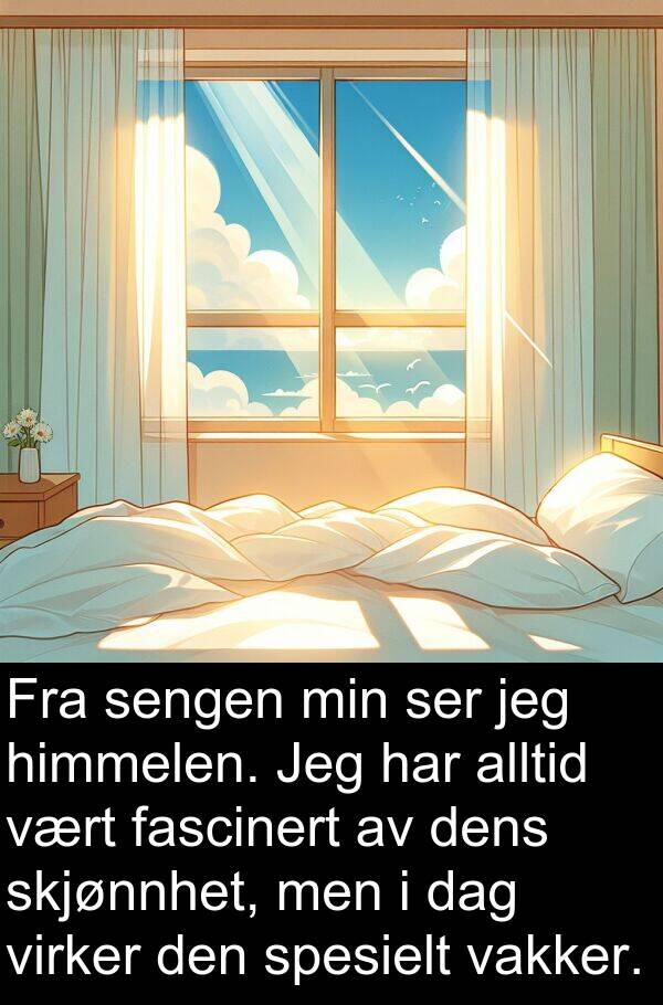 fascinert: Fra sengen min ser jeg himmelen. Jeg har alltid vært fascinert av dens skjønnhet, men i dag virker den spesielt vakker.