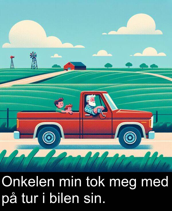meg: Onkelen min tok meg med på tur i bilen sin.