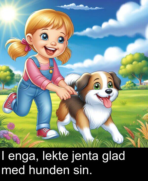 lekte: I enga, lekte jenta glad med hunden sin.