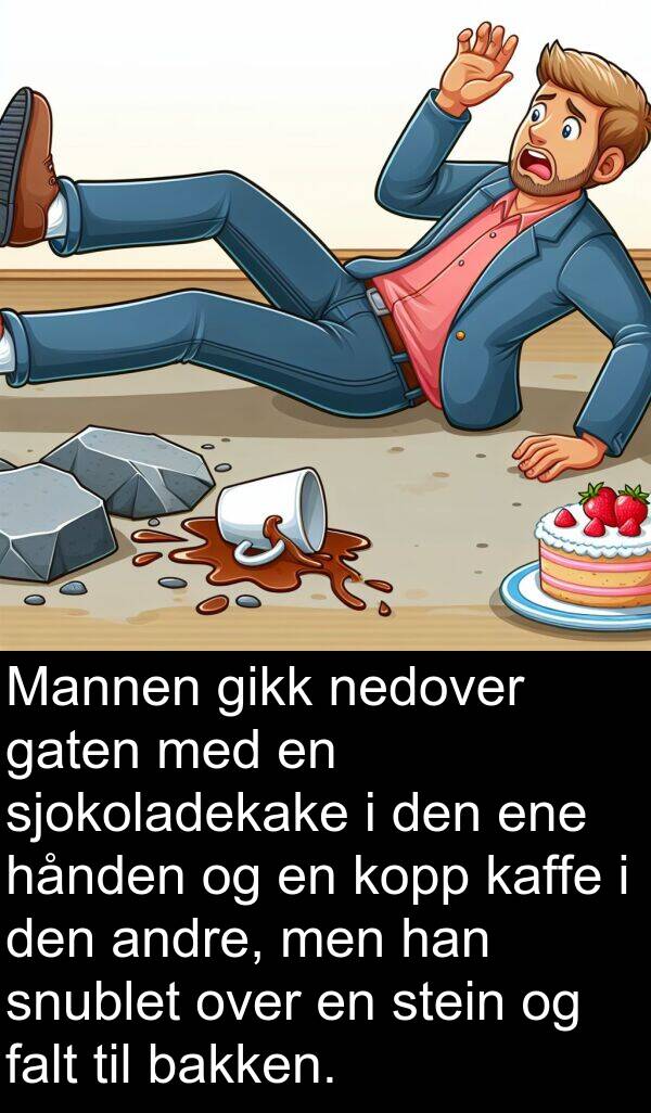 hånden: Mannen gikk nedover gaten med en sjokoladekake i den ene hånden og en kopp kaffe i den andre, men han snublet over en stein og falt til bakken.