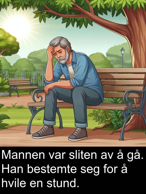 hvile: Mannen var sliten av å gå. Han bestemte seg for å hvile en stund.
