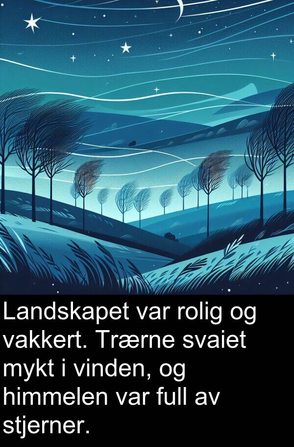 vakkert: Landskapet var rolig og vakkert. Trærne svaiet mykt i vinden, og himmelen var full av stjerner.