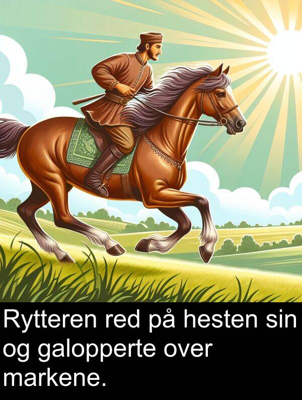 over: Rytteren red på hesten sin og galopperte over markene.