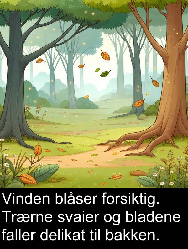 bakken: Vinden blåser forsiktig. Trærne svaier og bladene faller delikat til bakken.