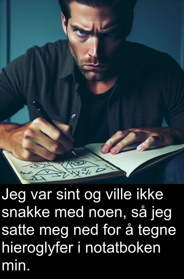 sint: Jeg var sint og ville ikke snakke med noen, så jeg satte meg ned for å tegne hieroglyfer i notatboken min.