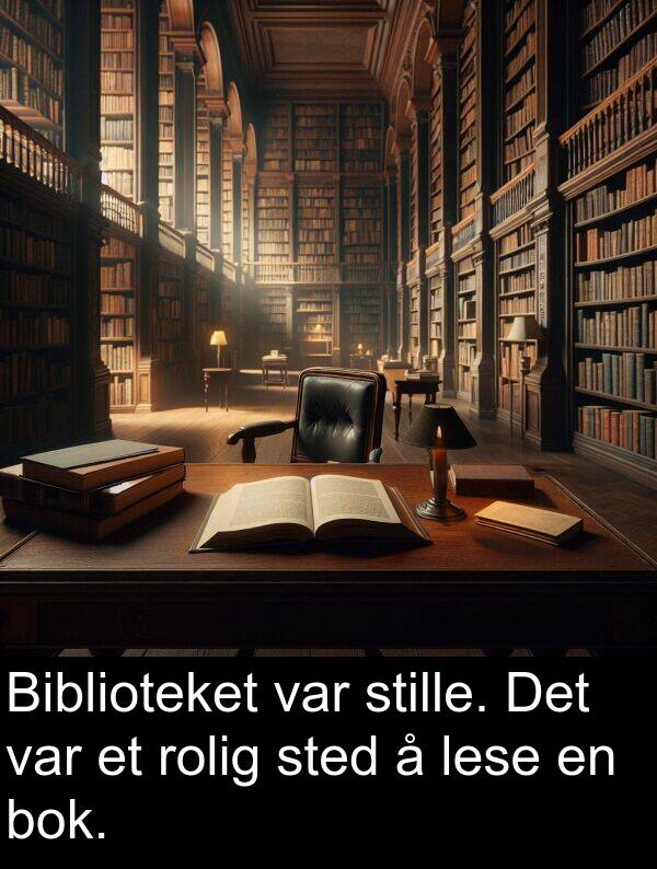 stille: Biblioteket var stille. Det var et rolig sted å lese en bok.