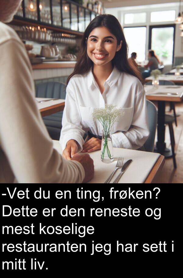 sett: -Vet du en ting, frøken? Dette er den reneste og mest koselige restauranten jeg har sett i mitt liv.