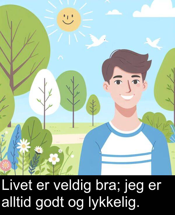 godt: Livet er veldig bra; jeg er alltid godt og lykkelig.