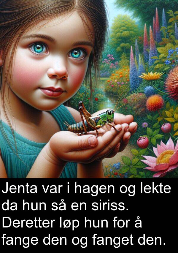 lekte: Jenta var i hagen og lekte da hun så en siriss. Deretter løp hun for å fange den og fanget den.