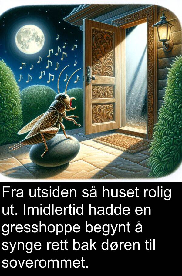utsiden: Fra utsiden så huset rolig ut. Imidlertid hadde en gresshoppe begynt å synge rett bak døren til soverommet.
