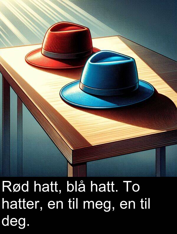 blå: Rød hatt, blå hatt. To hatter, en til meg, en til deg.