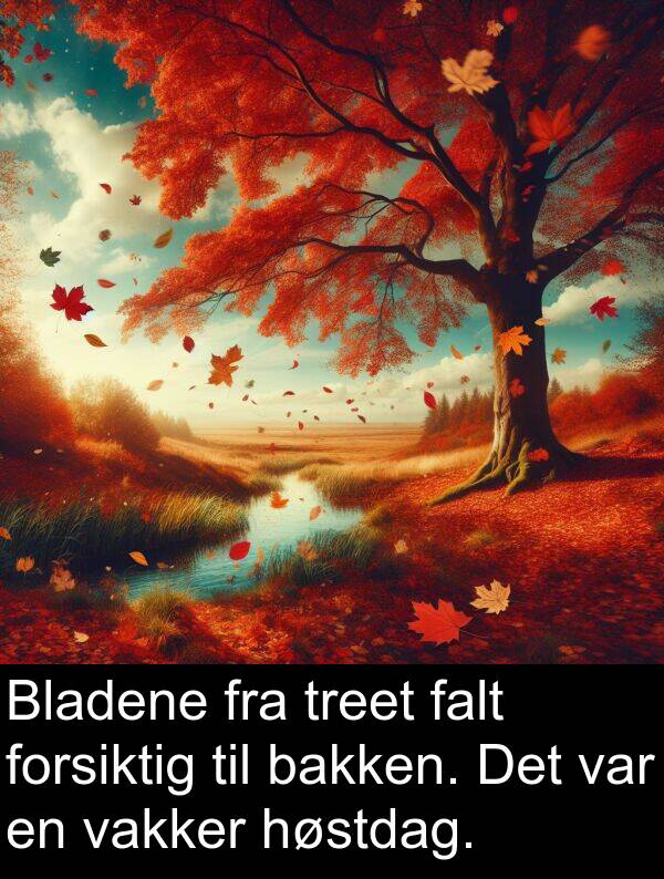 høstdag: Bladene fra treet falt forsiktig til bakken. Det var en vakker høstdag.