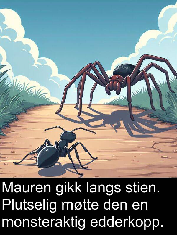 stien: Mauren gikk langs stien. Plutselig møtte den en monsteraktig edderkopp.
