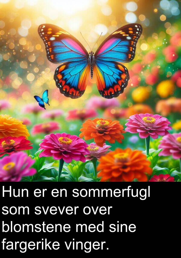 fargerike: Hun er en sommerfugl som svever over blomstene med sine fargerike vinger.