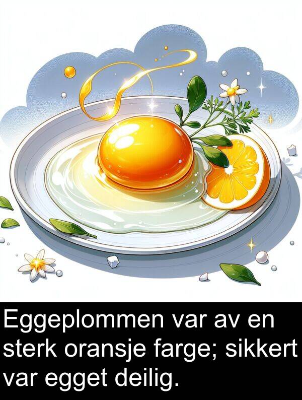 oransje: Eggeplommen var av en sterk oransje farge; sikkert var egget deilig.