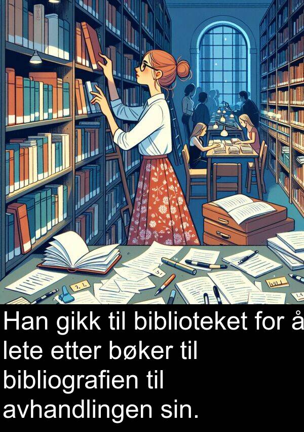 bibliografien: Han gikk til biblioteket for å lete etter bøker til bibliografien til avhandlingen sin.